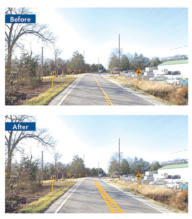 Before and after: The Missouri Department of Transportation plans to widen centerline marking throughout two curves on Hwy. 30.
